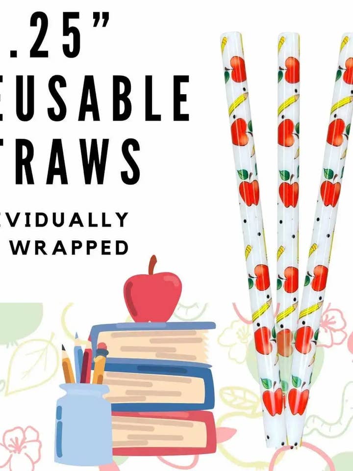 Teacher Apples 10.25" Printed Plastic Straws WRAPPED for wholesale by Sip Sleeves ~ Insulated Cup Sleeves and Drink Accessories
