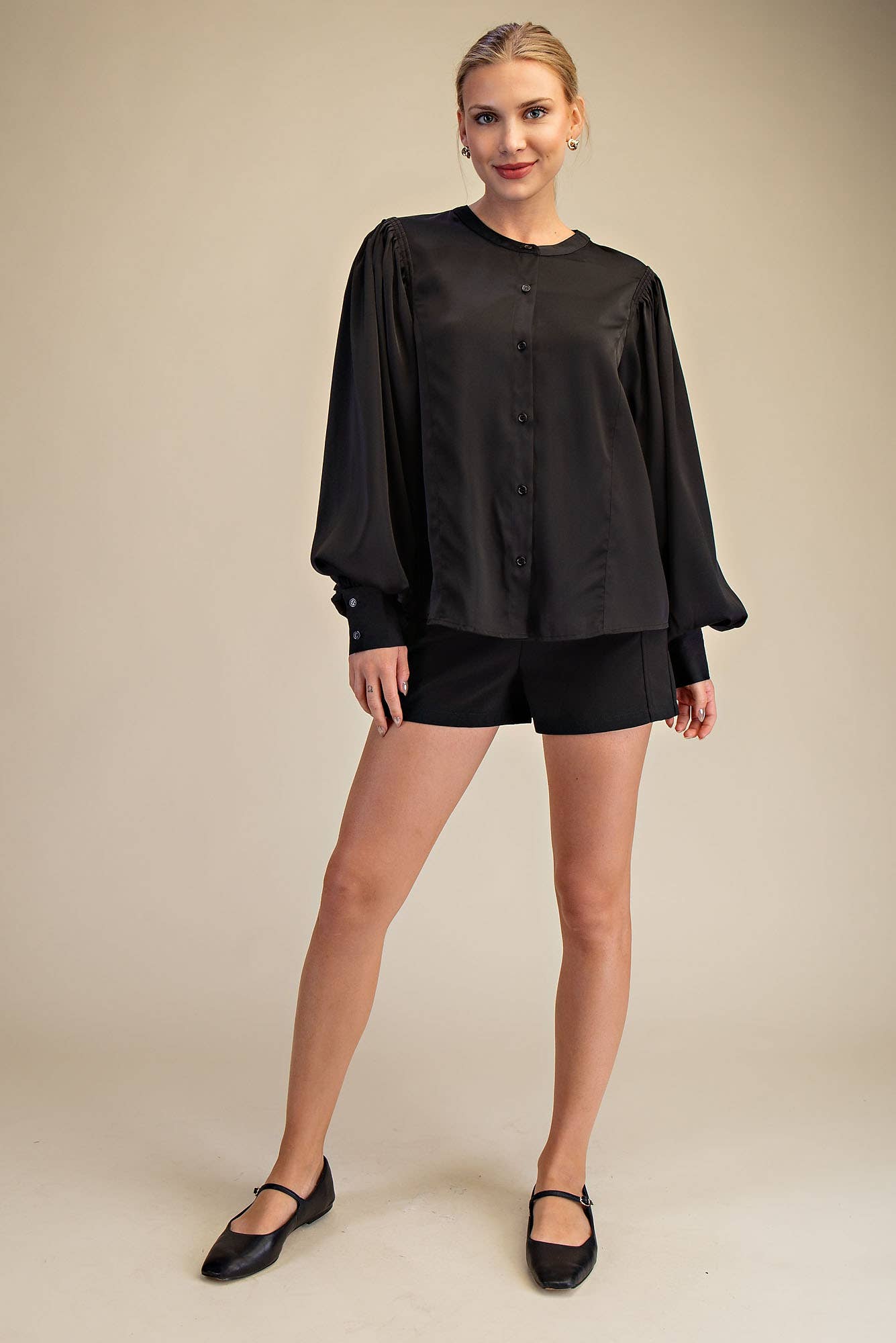 Glam - Wholesale Blouse - Women's - Round Neck Button Down Puff Long Sleeve Satin Top6