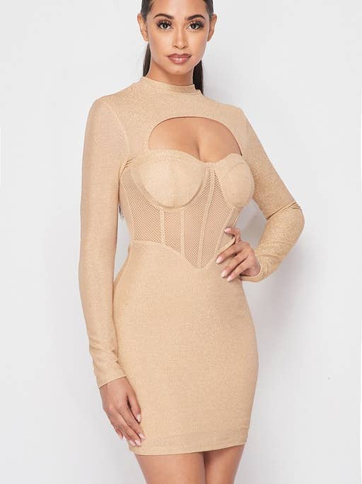 PD71047N-W_METALLIC SEE-THROUGH RIBBED CUT-OUT BODYCON DRESS for wholesale by PRIVY