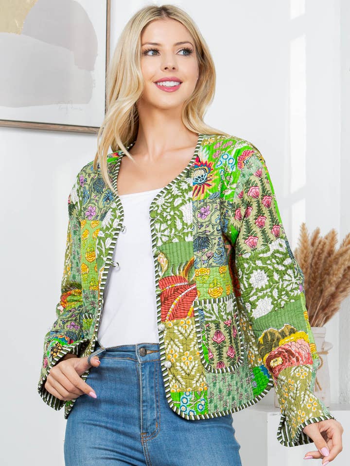 Floral Print Quilted Patch Cotton Jacket - Green for wholesale by LA Soul