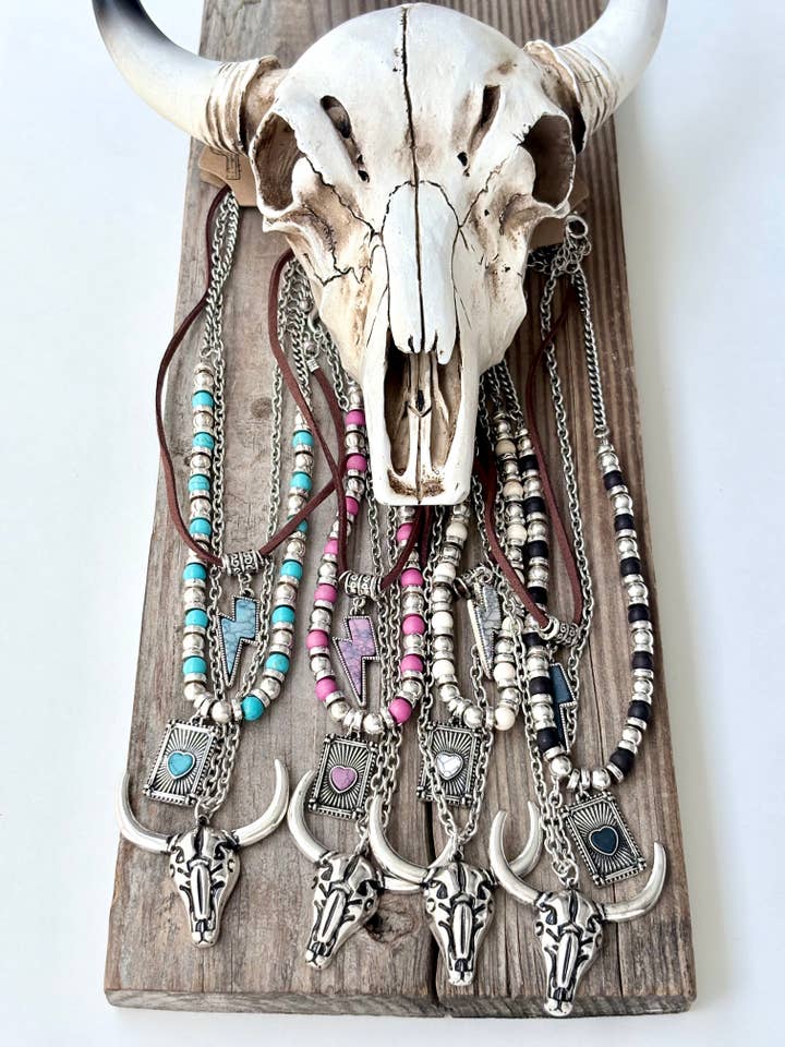 3pc Western Style Turquoise Stone Pendant Necklace Set for wholesale by Boho Ranch Shop