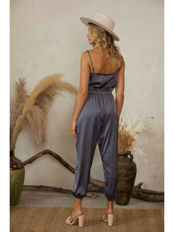 Endless Blu - Wholesale Jumpsuit - Women's - JR6304 COWL NECK SATIN JOGGER JUMPSUIT