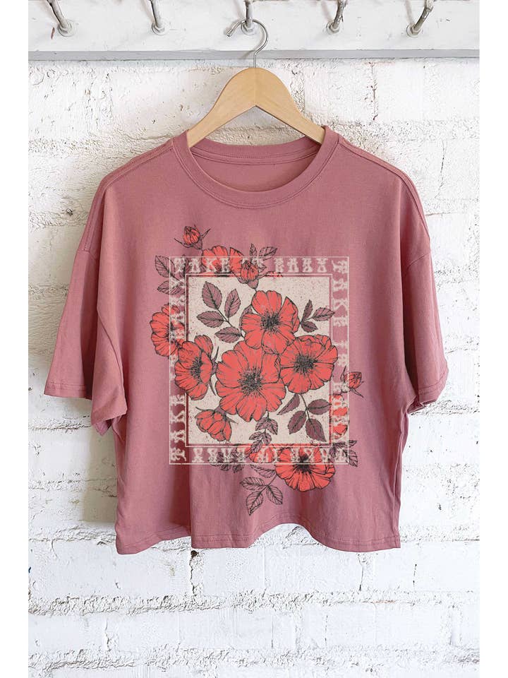 Rustee Clothing - Wholesale Screen Printed T-Shirt - Women's - TAKE IT EASY VINTAGE FLOWER GRAPHIC LONG CROP TOP