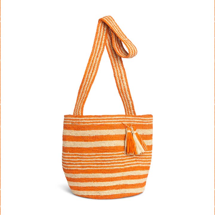 Raffia Cross Body Bucket Basket - Orange Stripe for wholesale by Somerville Scarves