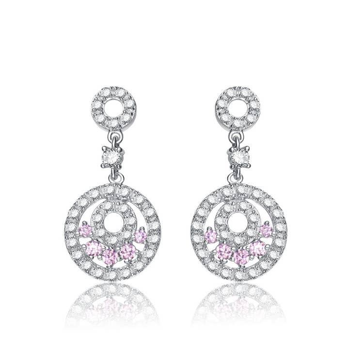 Boucles d'oreilles pendantes cercle de zircone cubique rose et transparent pour la vente par Genevive