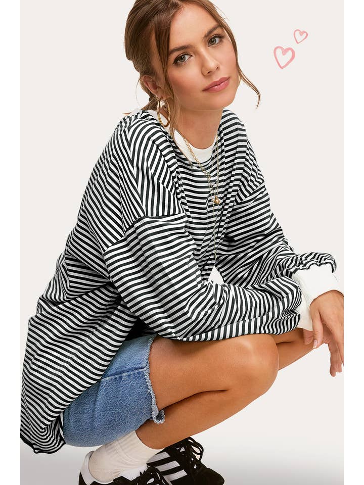 La Miel - Wholesale Knit Top - Women's - MCT7678-Oversized Striped Long Sleeve Pullover Top