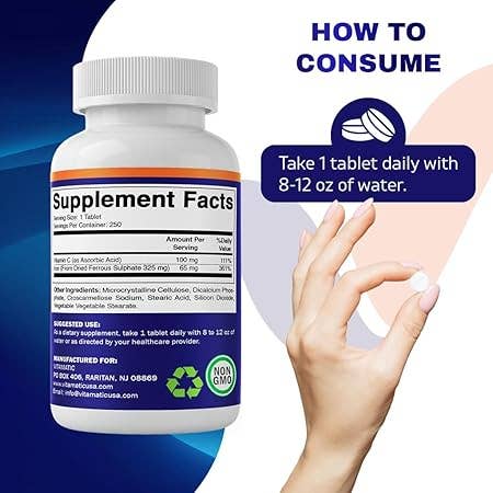Vitamatic - Vente Supplément oral/vitamine - Vitamatic | Sulfate ferreux + vitamine C 325 mg | 250 comprimés