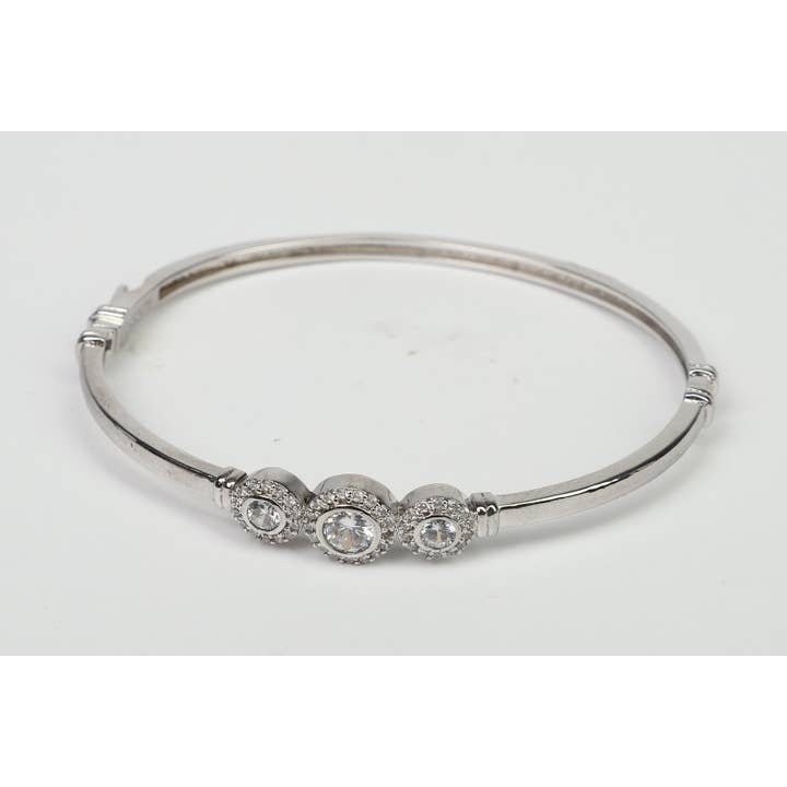 Hinged Zirconite Cubic Zirconia 3-Stones Bezel Rhodium Bangle Bracelet.698B003 for wholesale by Diamond Veneer Travel Jewelry