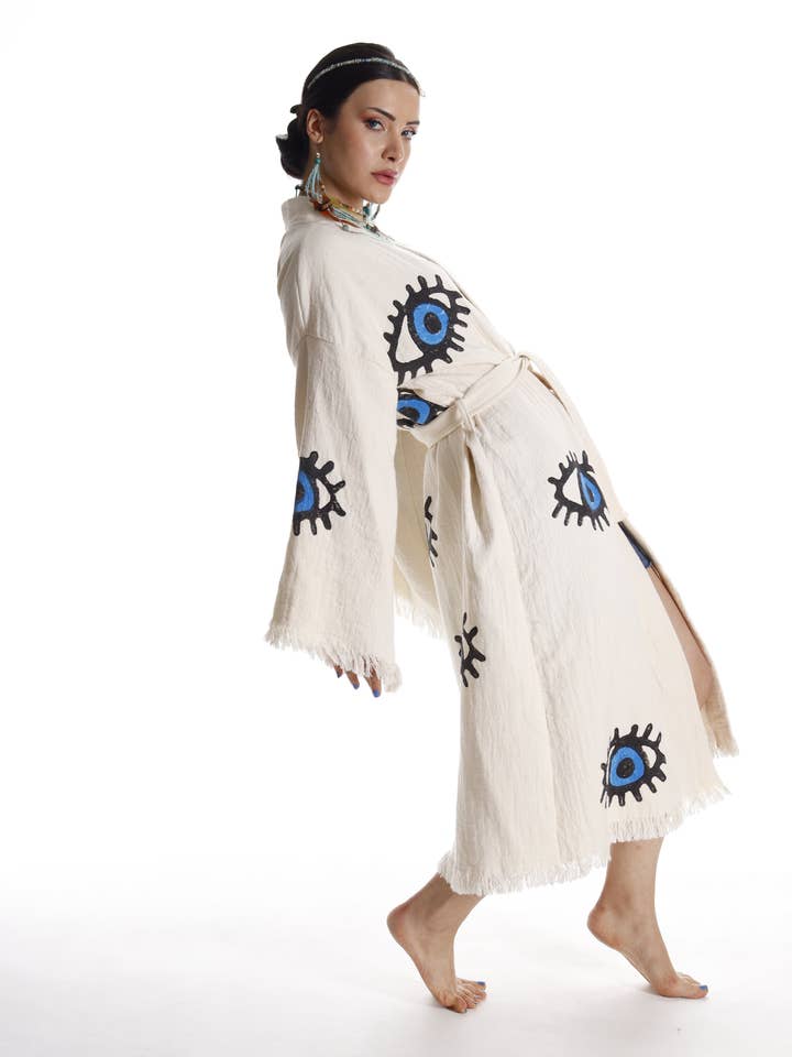 Pure & Chic, LLC - Miyawfashion - Wholesale Kimono - Women's - Evil Eye Organic Cotton Beach Kimono: Handmade Robe for Eco