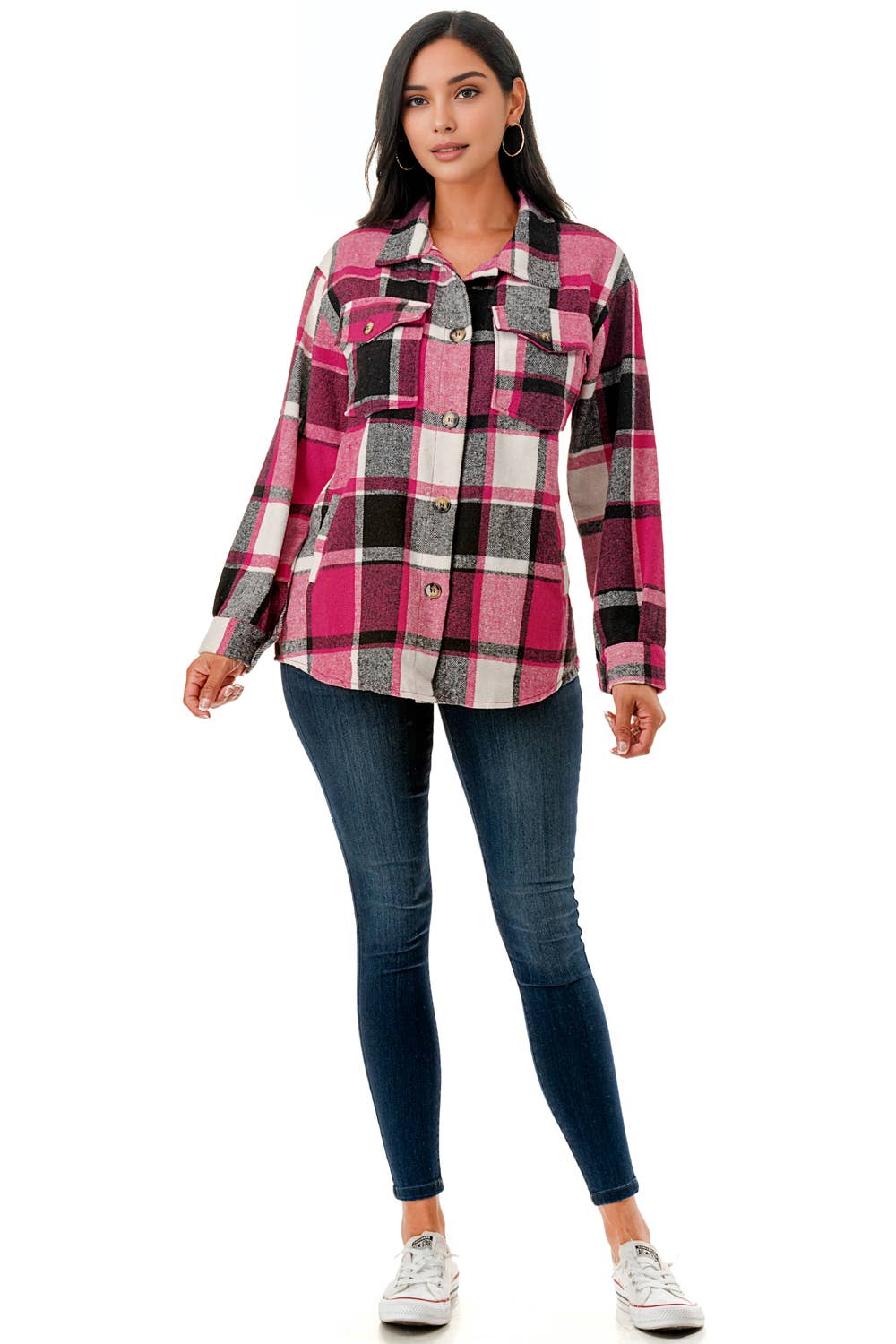 Color 5 - Vendita all'ingrosso Giacca a camicia - Donna - Camicia oversize in flanella scozzese rosa con tasche11