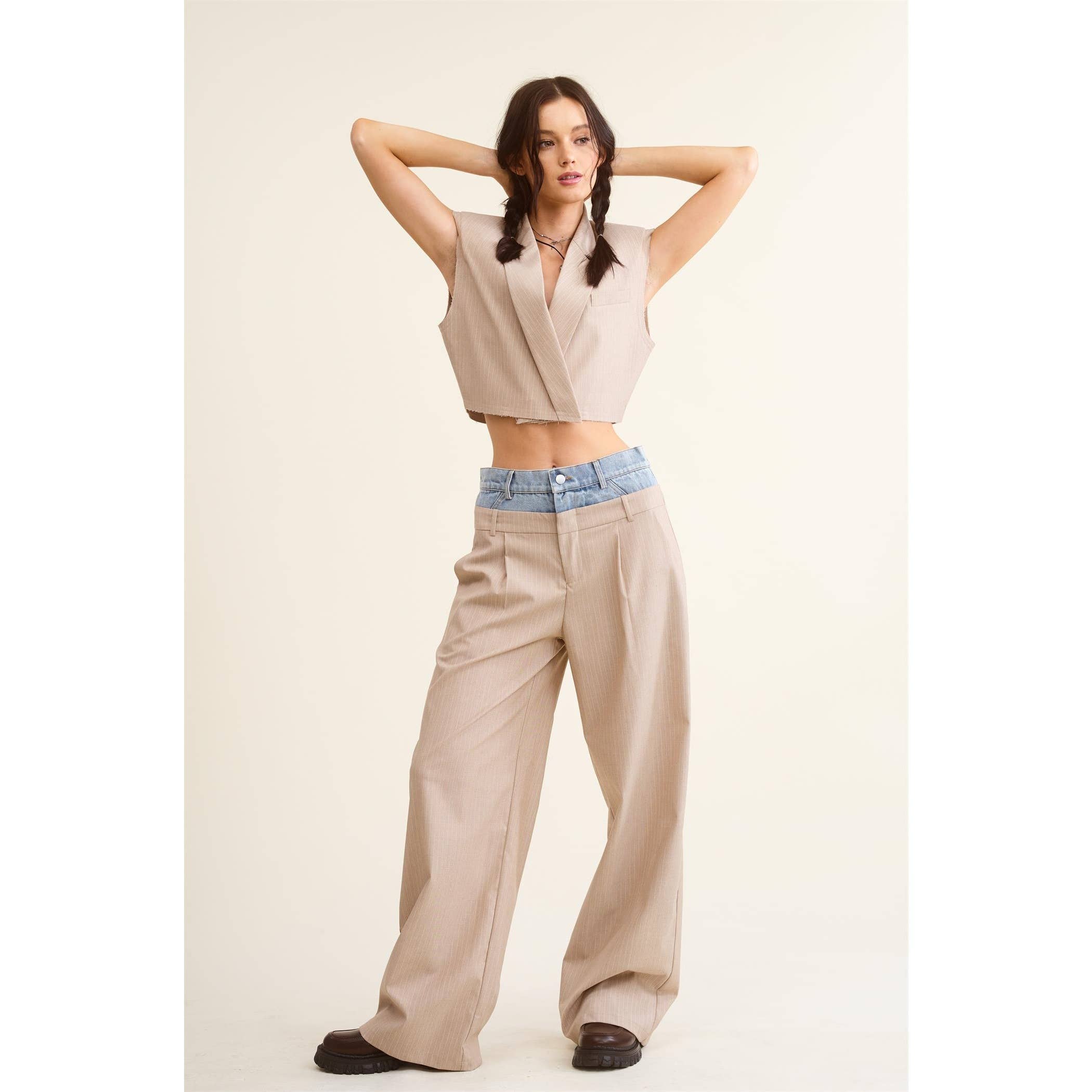 BEIGE Denim Waistband Contrast Stripe Wide Leg Trousers MB5057  for wholesale on Faire19