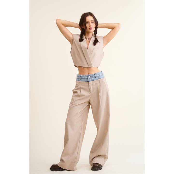 BEIGE Denim Waistband Contrast Stripe Wide Leg Trousers MB5057 for wholesale on Faire19