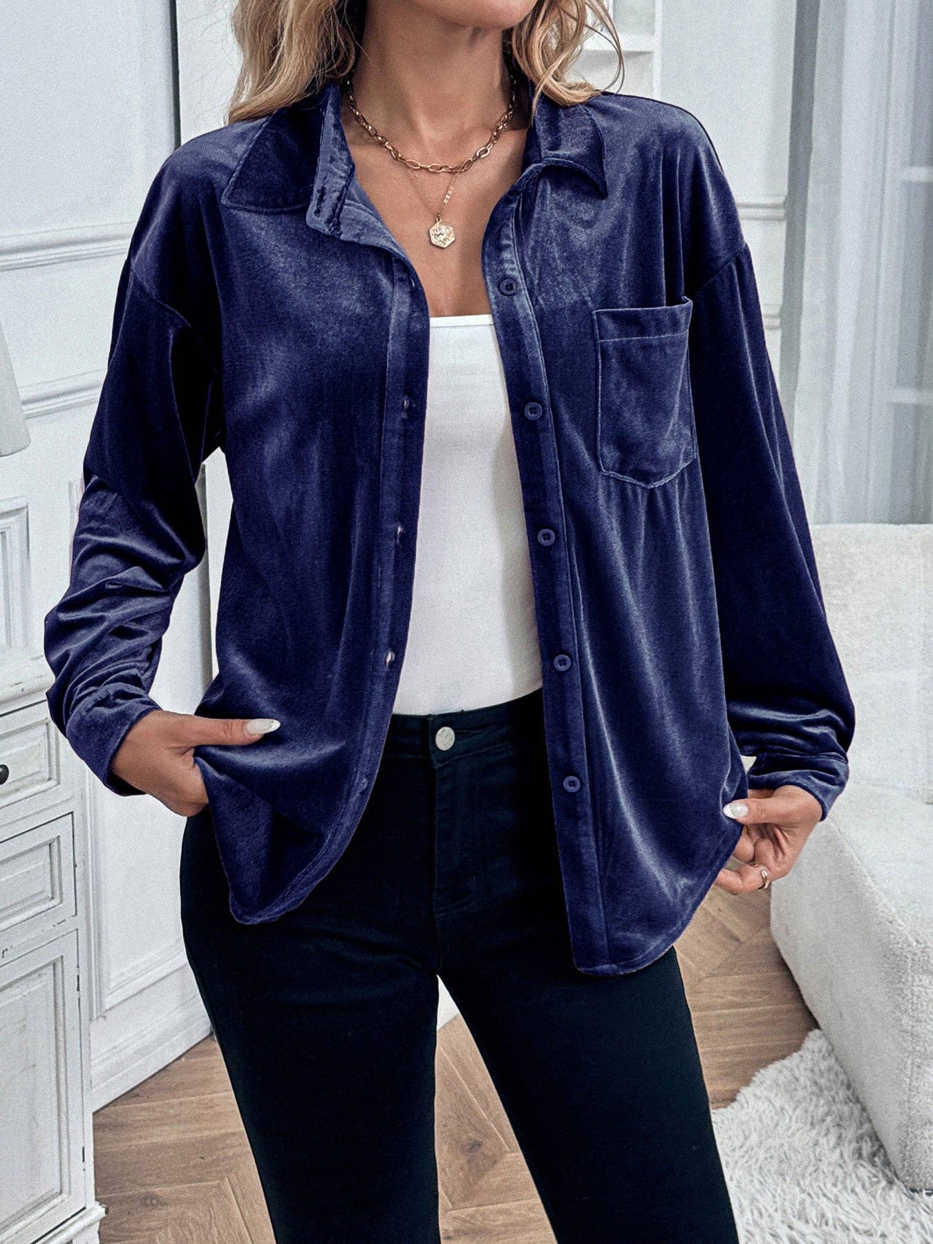 Suhkasana - Wholesale Button Down Shirt - Women's - Solid Velvet Button-Up Lantern Sleeve Collared Blouse15