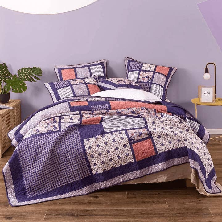 DaDa Bedding Peachy Pink Floral Blossoms Plum Purple Patchwork Quilted Bedspread Set - Designed in USA (JHW877) for wholesale by DaDalogy Bedding
