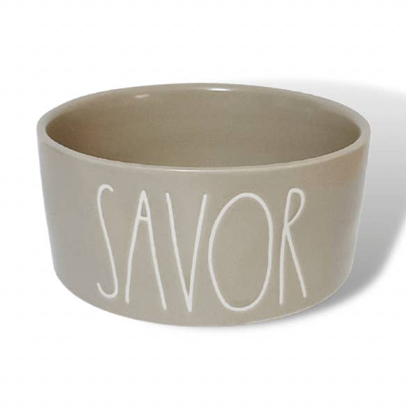 Bol pour chien Rae Dunn « Savor » Tan Medium en céramique de 6 pouces | Bols amusants pour chiens | Bol pour chien Rae Dunn pour la vente par Nevsher Lior