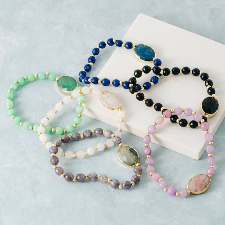 Faceted Semi Precious Oval Stone Charm Beaded Elastic for wholesale by The Looks by Fame Accessories