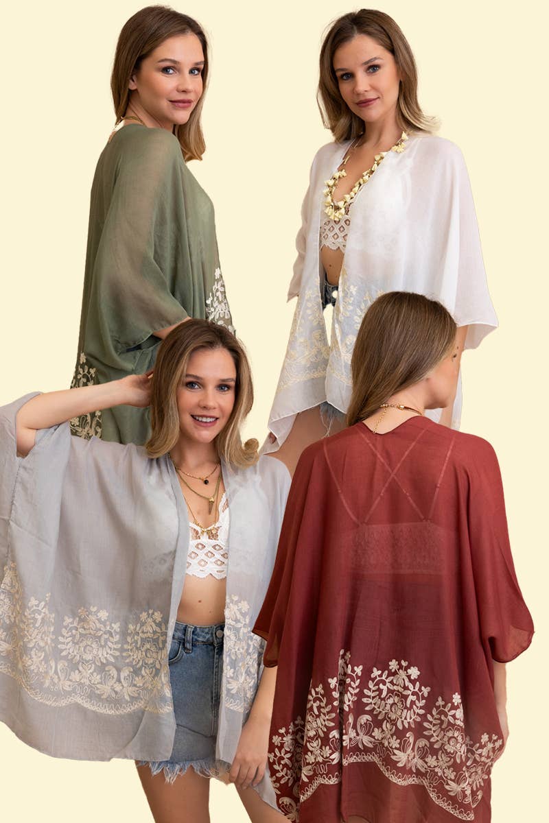 Leto Accessories - Vente Kimono – femme - Kimono brodé floral style bohème chic avec détails en points et pompons 🌼18