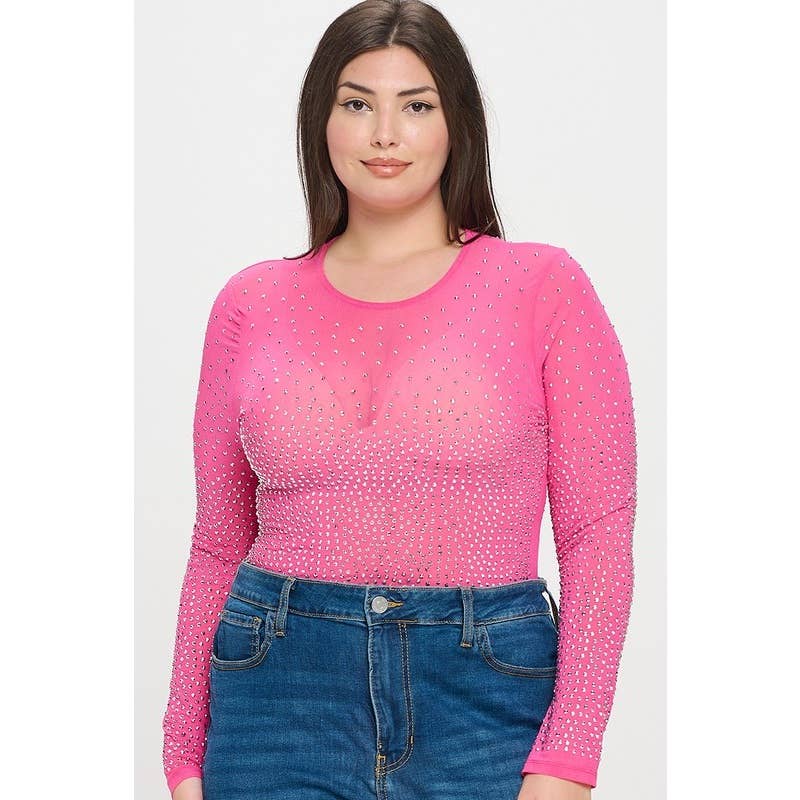 Curve Market - Wholesale Bodysuit - Women's - PLUS SIZE RHINESTONE STUDDED MESH BODYSUIT2