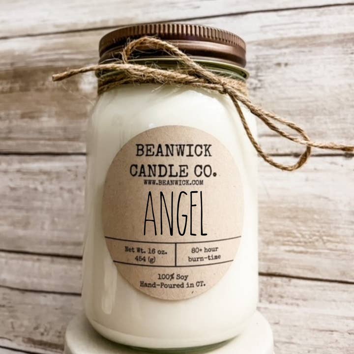 Candela di soia ANGEL in barattolo di vetro, regalo unico per la vendita all'ingrosso da parte di Beanwick Candle Co.