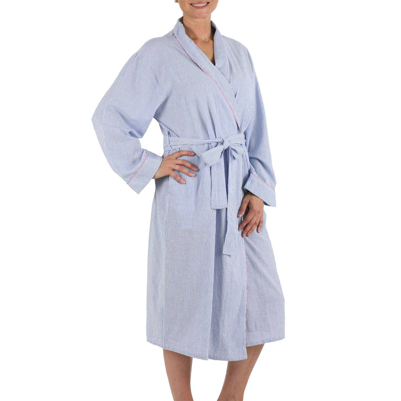 Needham Lane - Wholesale Robe - Women's - Blue Seersucker-Pink Robe1