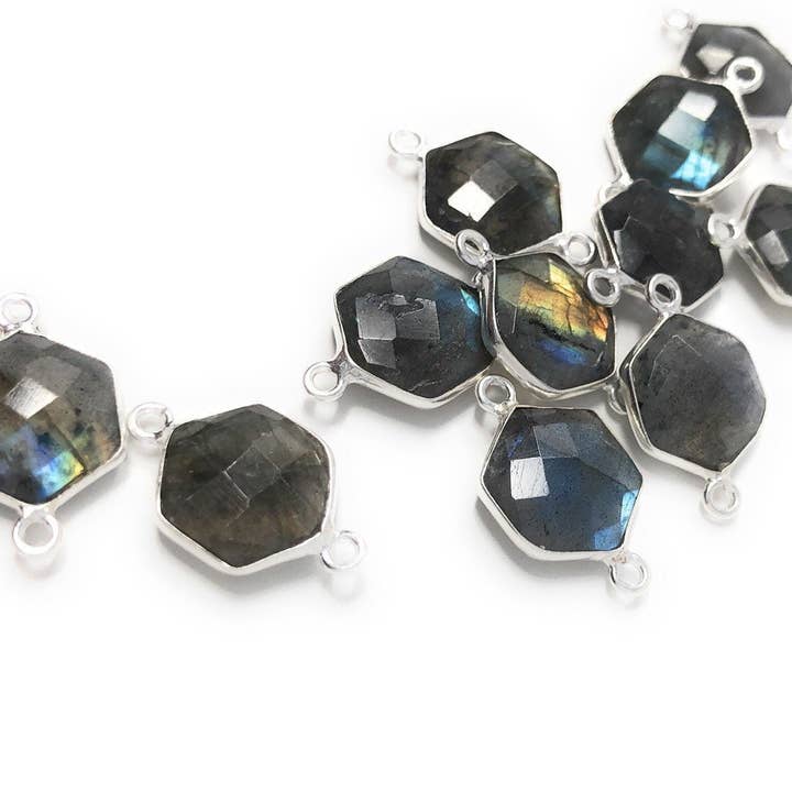 Zilveren Labradoriet Verbinders, Natuurlijke Labradoriet Dubbele Oogjes Verbinders, Bulk Verbindingsbedels, 19,5x12,5mm, 13 Stuks voor wholesale door Akstar Gems