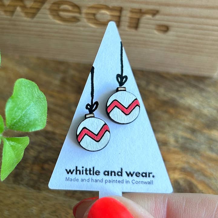 Christmas bauble studs. White with red for wholesale by Whittle and Wear