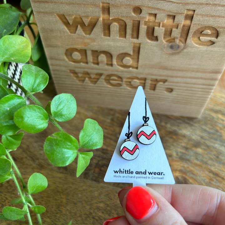 Christmas bauble studs. White with red for wholesale by Whittle and Wear