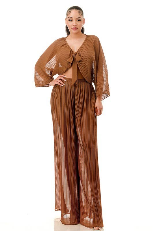 Namatt Design – wholesale Top & pants set (NOT Loungewear) – Women's – Plus Front Tie Billowing Pleated Crop Top & Pants Set13