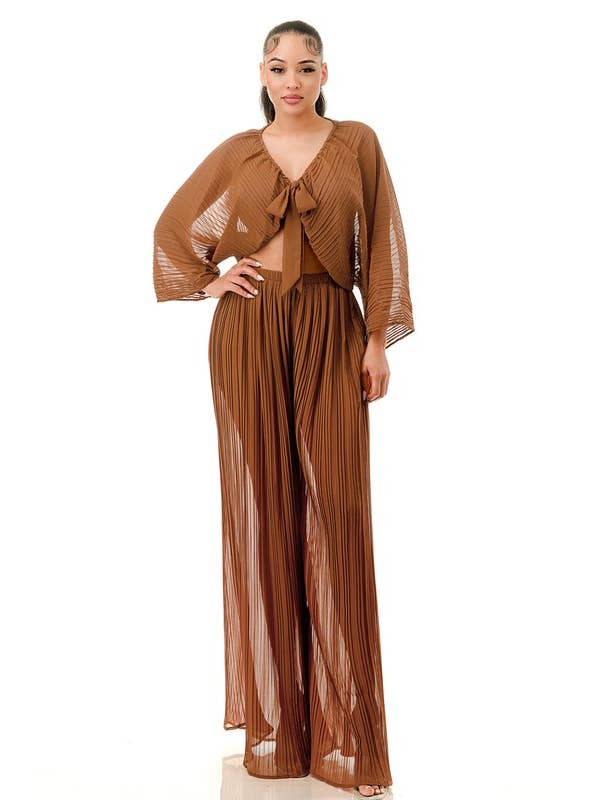 Namatt Design – wholesale Top & pants set (NOT Loungewear) – Women's – Plus Front Tie Billowing Pleated Crop Top & Pants Set13