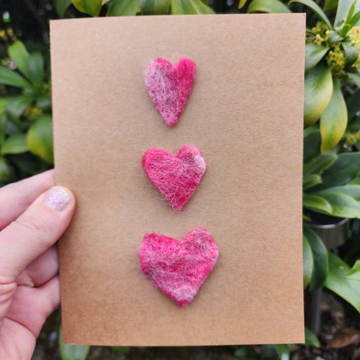Felted wool fibre art Hearts/valentine's card. Love card. for wholesale by Coastal Felting