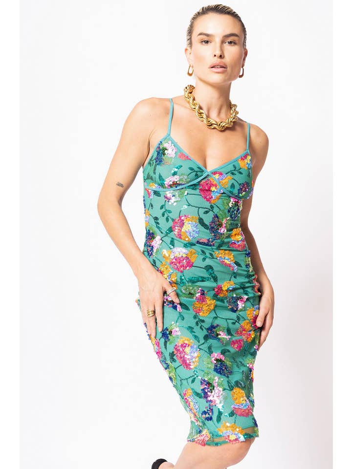 Elsie & Fred – Großhandel Kleid – Damen – Las Dalias Grünes Paillettenkleid