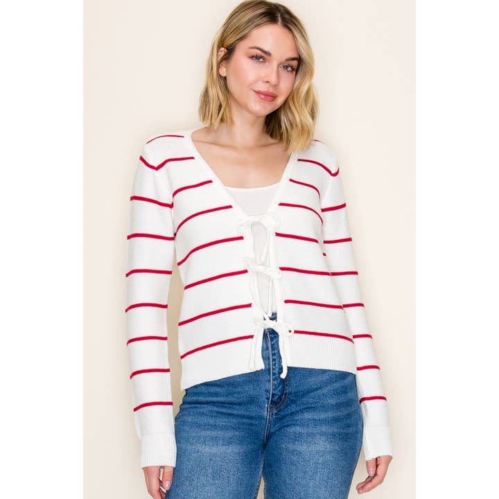 Cardigã de Malha com Laço Frontal às Riscas por atacado de STACCATO