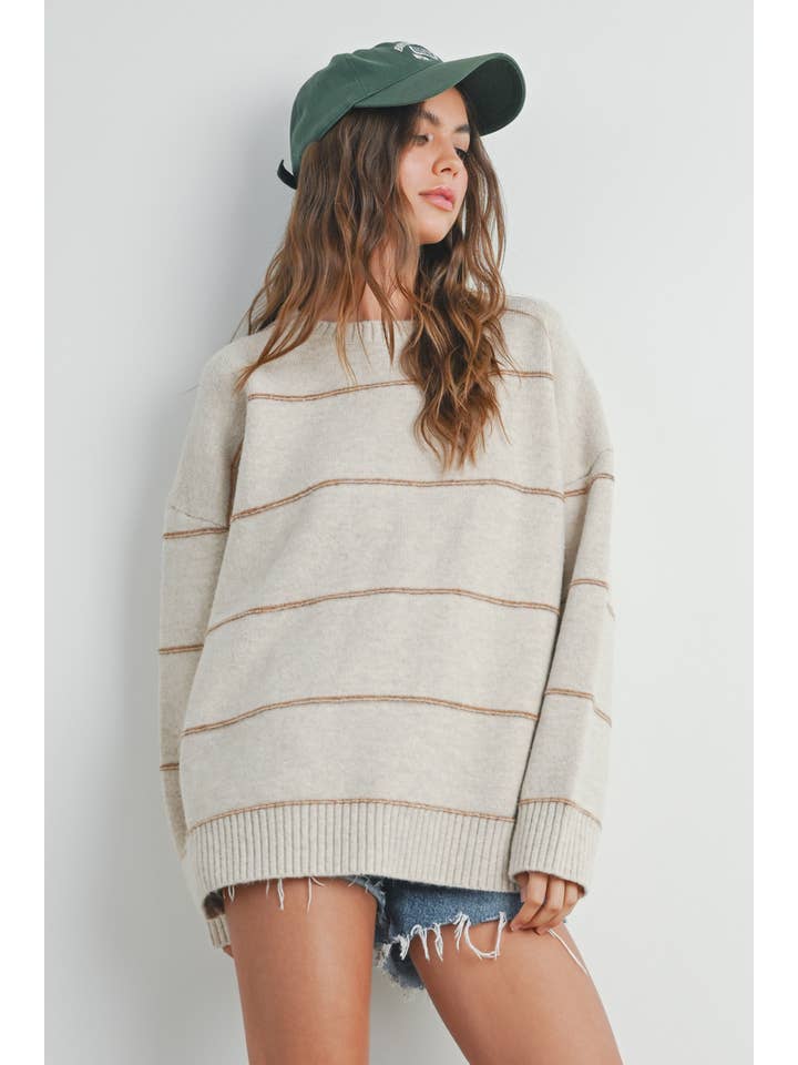 BUTTERMELON - Wholesale Knitted jumper – Women′s - Striped Pattern Drop Shoulder Sweater - BMW742122