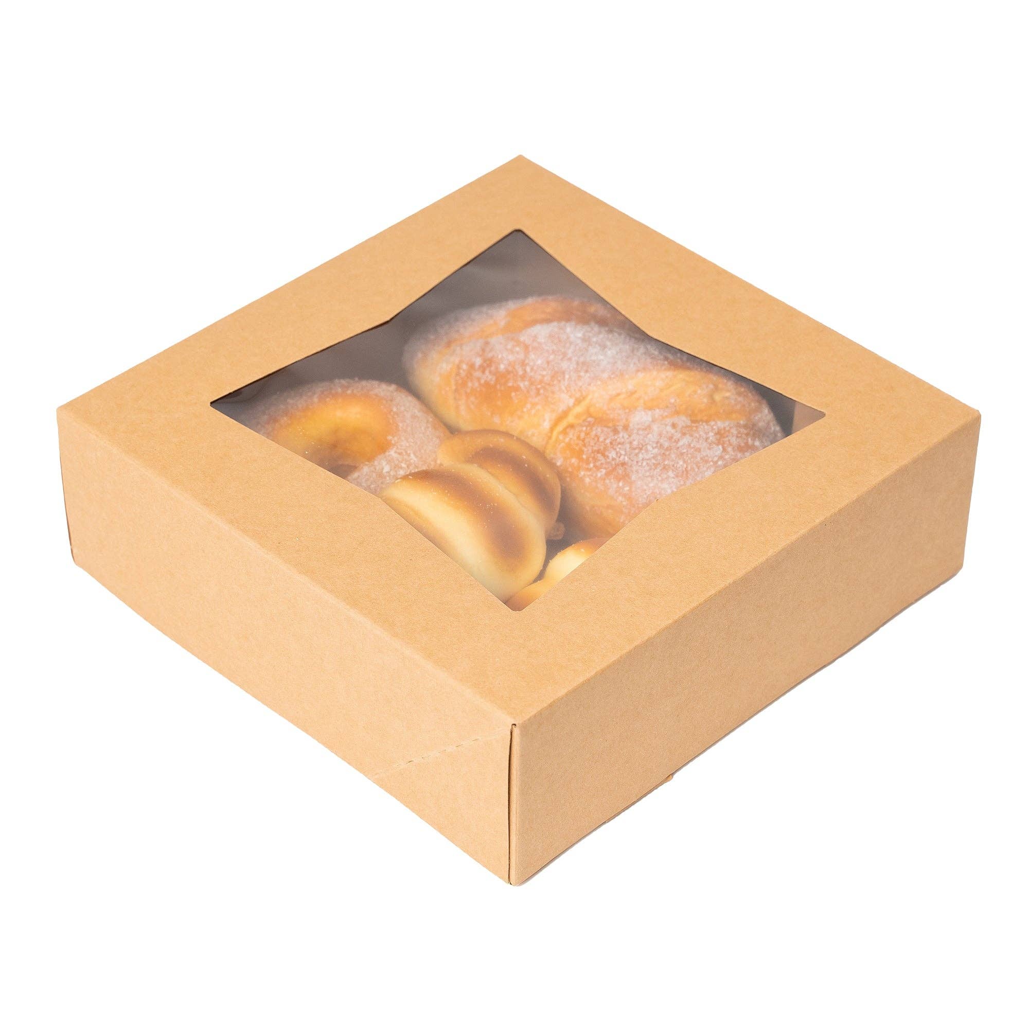Brown Bakery Boxes with Window - pack of 25 - 10"L x 10"W x 2 ½"H for wholesale on Faire3