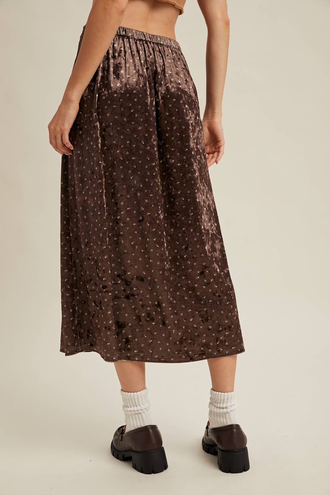 BROWN VELVET DITSY FLORAL MIDI SKIRT / WL25-11136 for wholesale on Faire2