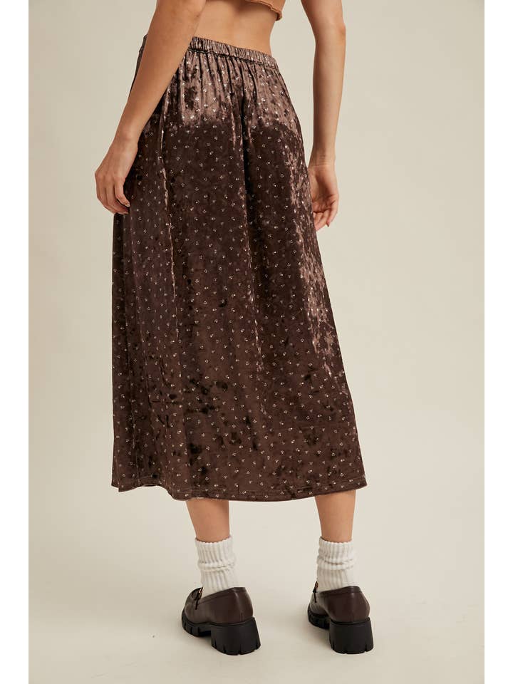 BROWN VELVET DITSY FLORAL MIDI SKIRT / WL25-11136 for wholesale on Faire2