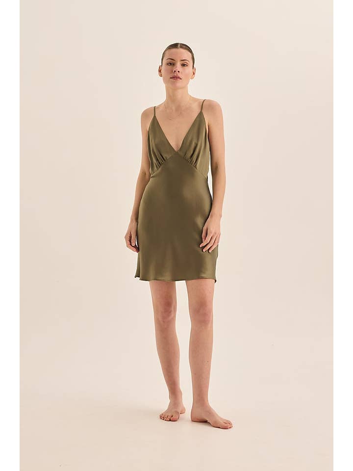 Pure Silk Short Luxury Chemise - Seraphina Olive for wholesale on Faire