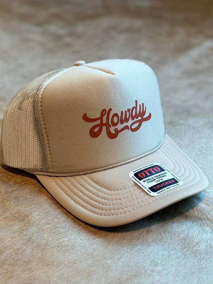 Howdy Trucker Hat (Beige) for wholesale by Steel Horse Apparel