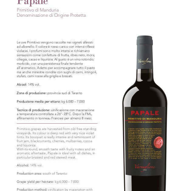 Metina SAS - Vendita all'ingrosso Vino rosso - Papale Primitivo Manduria DOP Varvaglione Magnum 1,5 Single