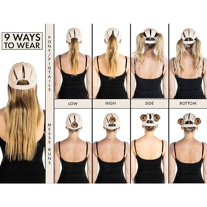 Funky Junque - Wholesale Ponytail cap – Women’s - 100% Polyester Sunshine Messy Bun High Ponytail Hat - Beige2