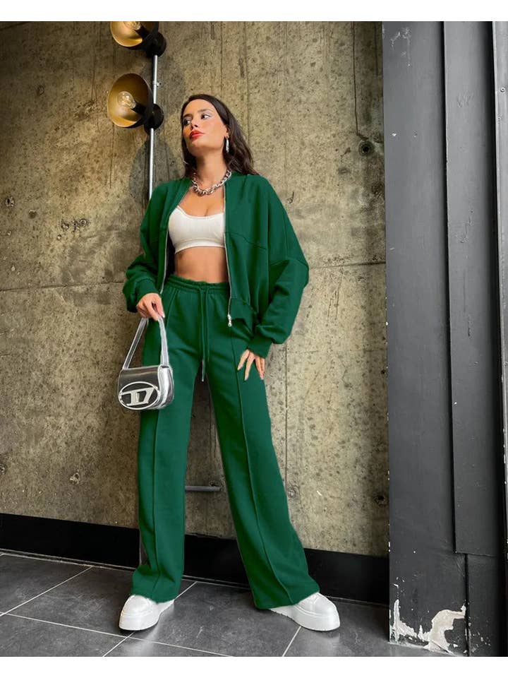 Vibesoothe - Venta al por mayor Conjuntos de top y pantalón (NO para estar en casa) - Mujer - Conjunto Urbano Chic - Cárdigan Verde con Cremallera y Pantalones