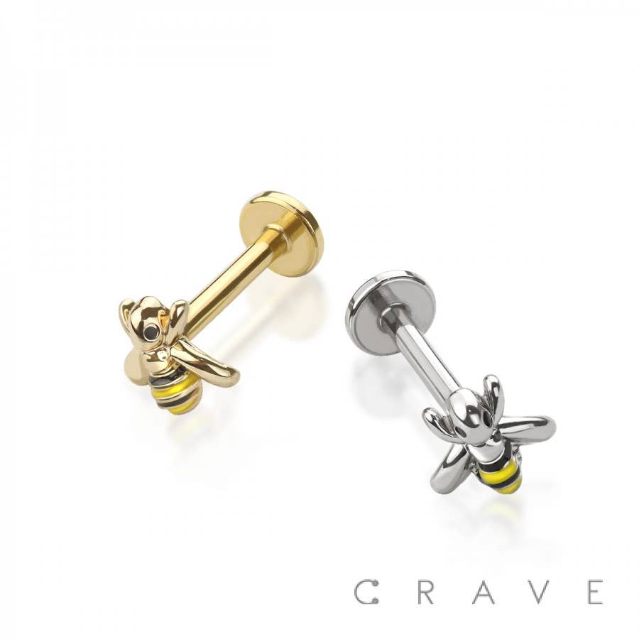 CRAVE - Wholesale Stud/Post Earrings - INTERNALLY THREADED BUMBLE BEE TOP 316L SS LABRET STUD4