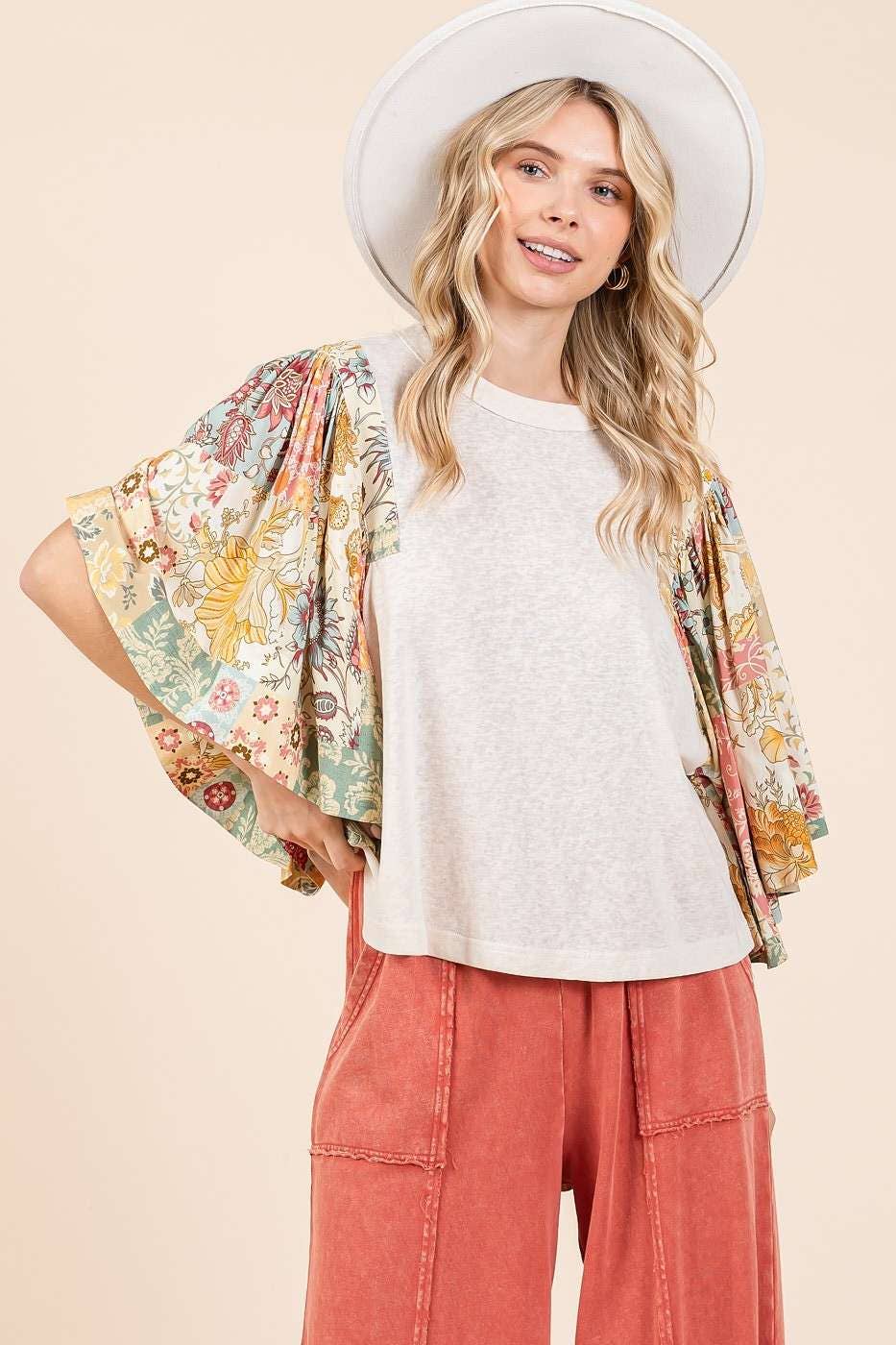 mittoshop - Wholesale Blouse - Women's - FLORAL PATCHWORK PRINT RUFFLE FLUTTER SLEEVE TOP11