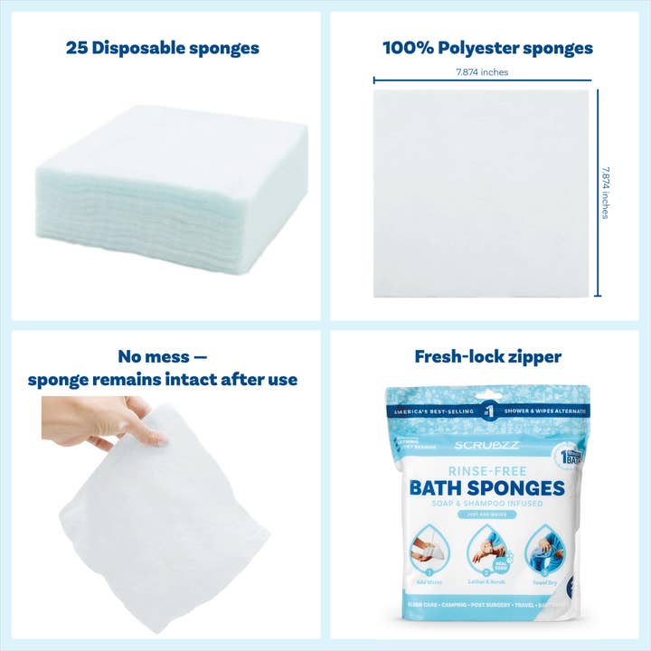 Scrubby Instant Bath - Wholesale Face & Body Wipes - Scrubzz Rinse Free Bathing Sponges - 25 Count 1