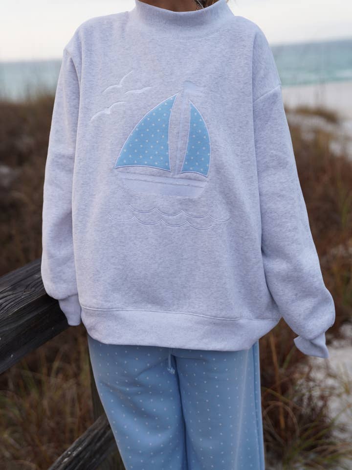 Sunkissed Coconut - Wholesale Sweatshirt - Women's - Polka Dot Sailboat Embroider Mockneck Sweatshirt11