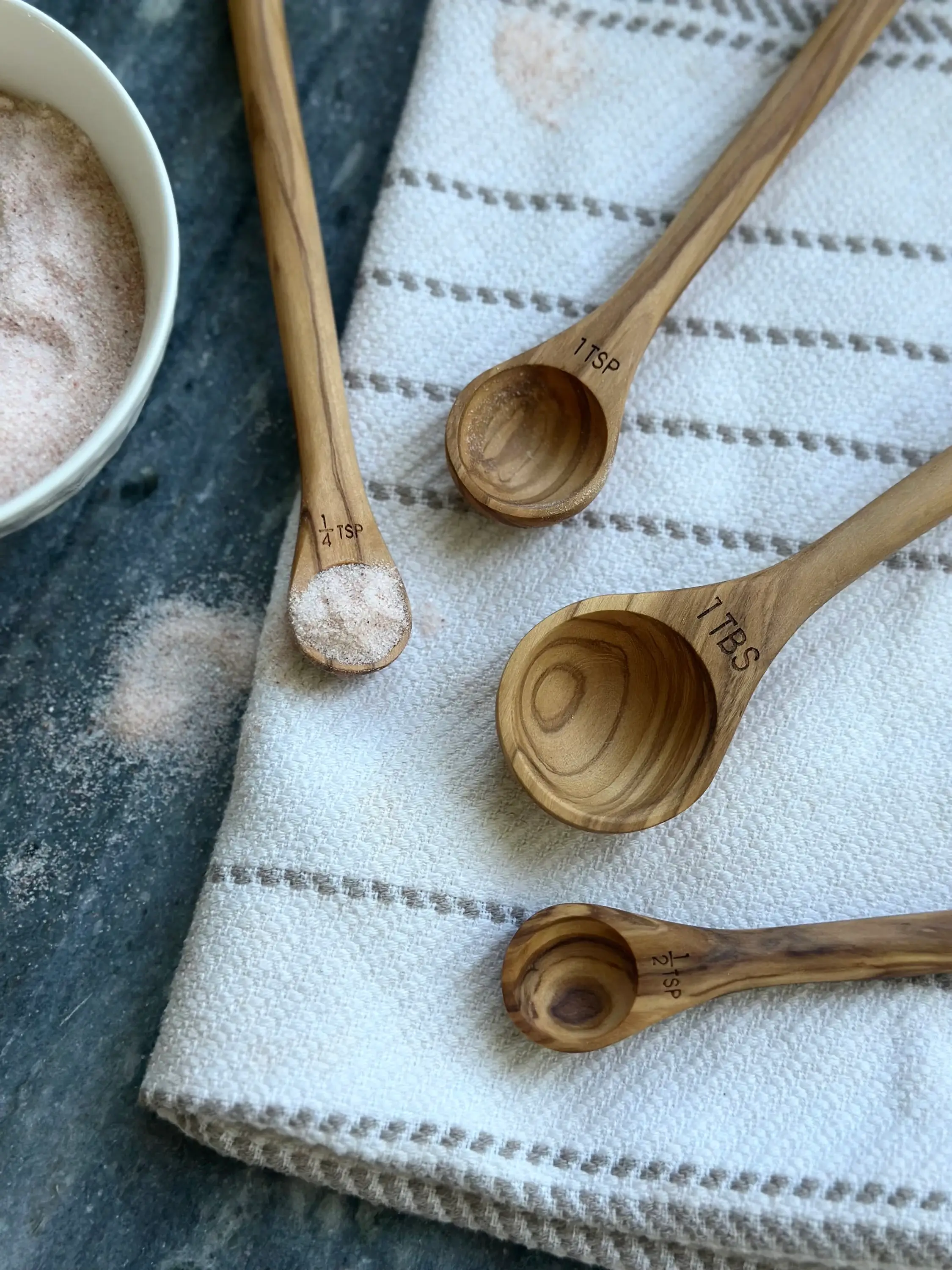 Salt & York - Wholesale Measuring Spoon - Handcrafted Olive Wood Long Handle Measuring Spoons Set5