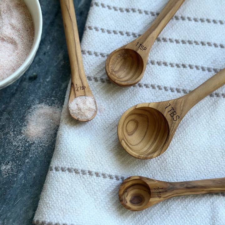 Salt & York - Wholesale Measuring Spoon - Handcrafted Olive Wood Long Handle Measuring Spoons Set5
