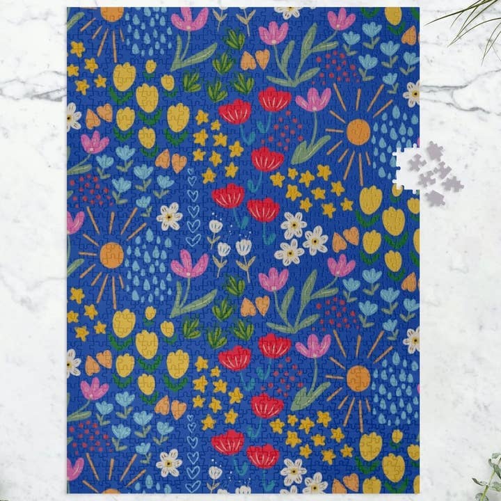 Cutie Flower Fields on Blue Recycled Puzzle (Cutie Patootie Collection) for wholesale by UpRoot Design Studio