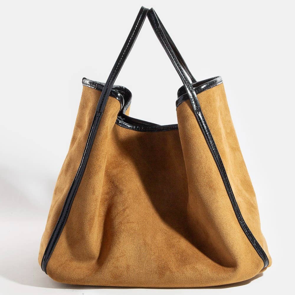 Collections by Fame Accessories - Wholesale Tote Bag - Women's - Suede Tote Leather Trim Shoulder Strap3