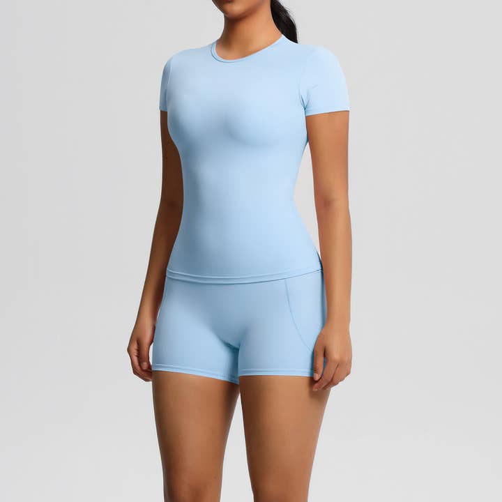 Svelte Seduction - Wholesale Activewear set – Women′s - Double Sided Brushed Tight Breathable Short Sleeve Solid Color Pocket Trousers Yoga Clothes Sports Running Fitness Clothes Set11